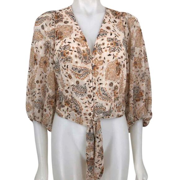 Joie V Neck Button Up Multicolor Print Cream Brown  L - Picture 1 of 12